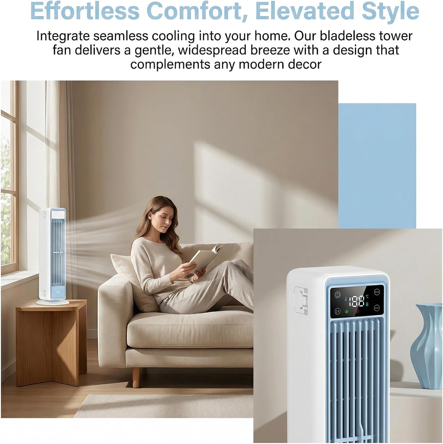 Bladeless Tower Fan for Bedroom, 90° Oscillating Quiet Standing Fans with LED Display and Remote, 5 Speeds, Cooling Fans That Blow Cold Air, Portable Bladeless Tower Fan for Home Office