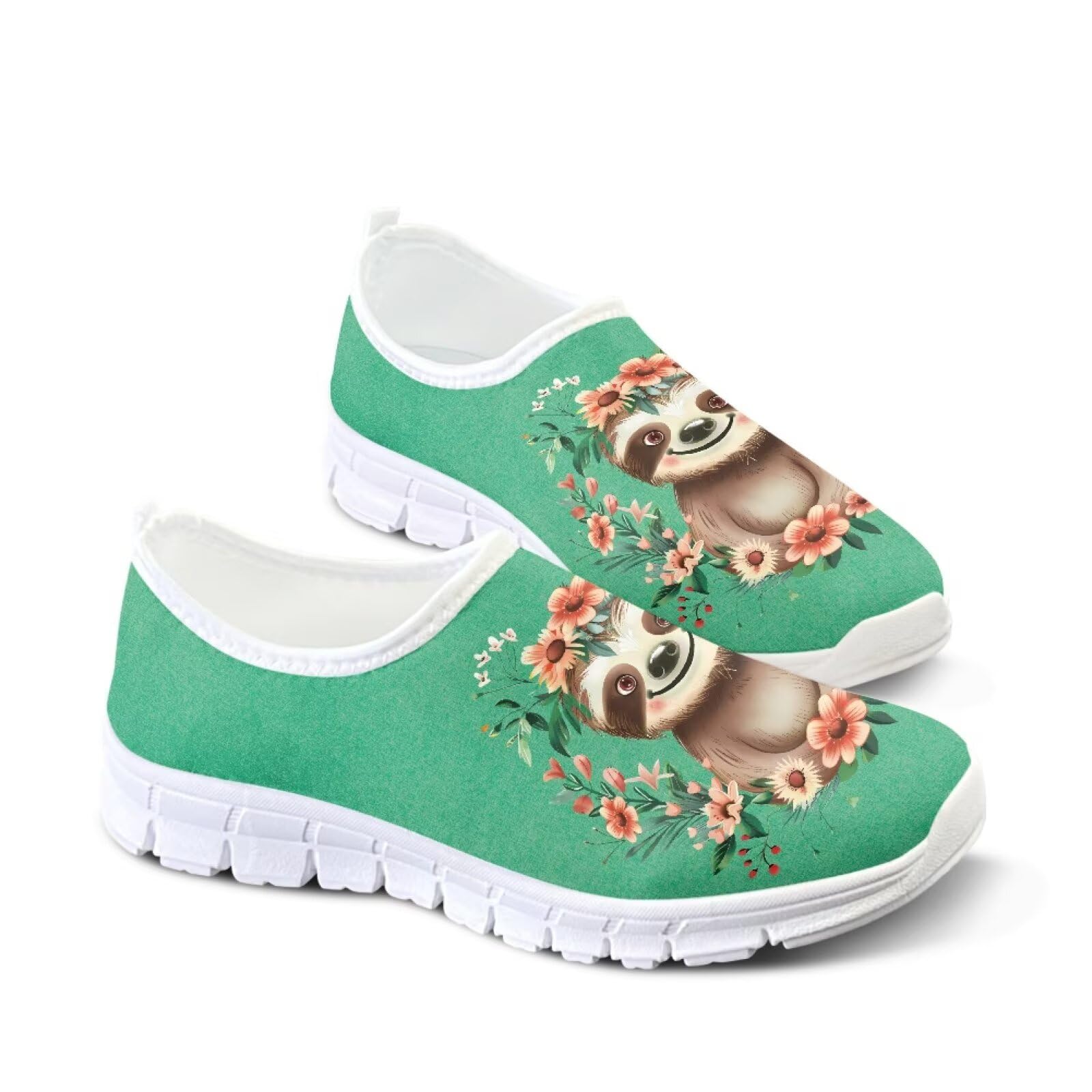 JUDENTIDOS Cute Sloth Floral Loafers for Womens Casual Slip-Ons Lightweight Walking Flats Comfortable Workout Tennis Shoes White Sole