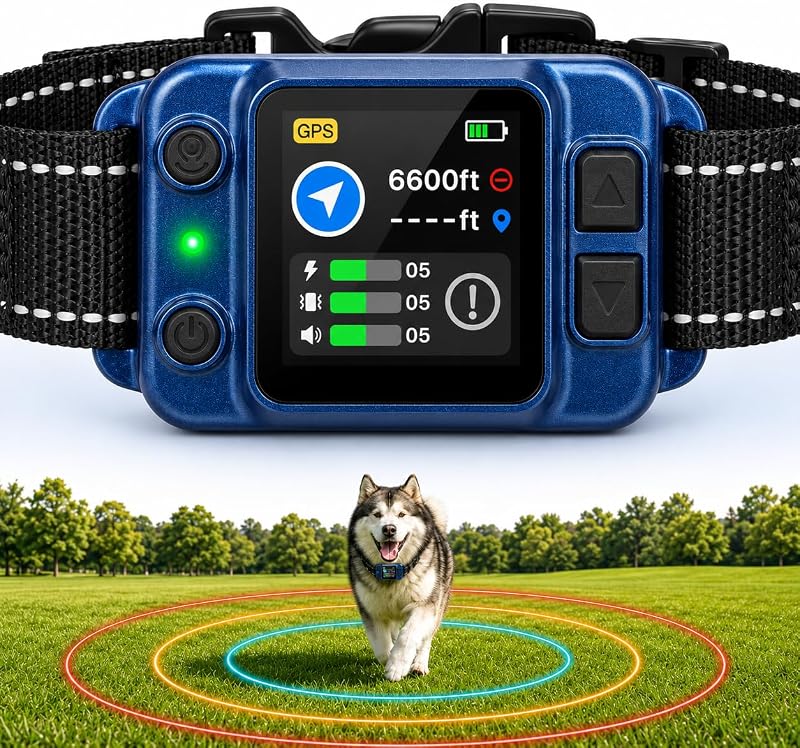 Sistema inalámbrico de valla para perros con GPS, valla invisible de 50 a 6600 pies, sin aplicación, sin suscripción, collar eléctrico de valla para perros con GPS con vibración de pitido y corrección estática, para perros de más de 15 libras, azul
