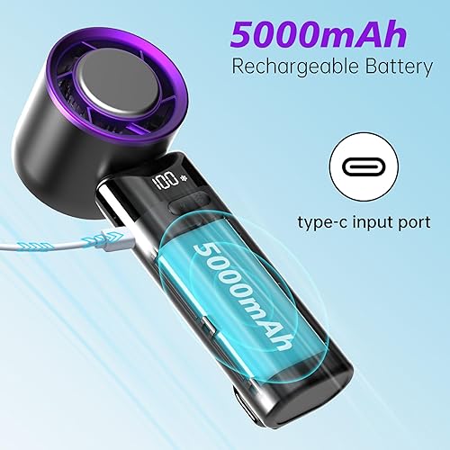 Miniatura 7 de sylvwin Ventilador de mano portátil, velocidad ajustable de mini ventiladores (1-100), batería de 5000 mAh, ventilador personal recargable,