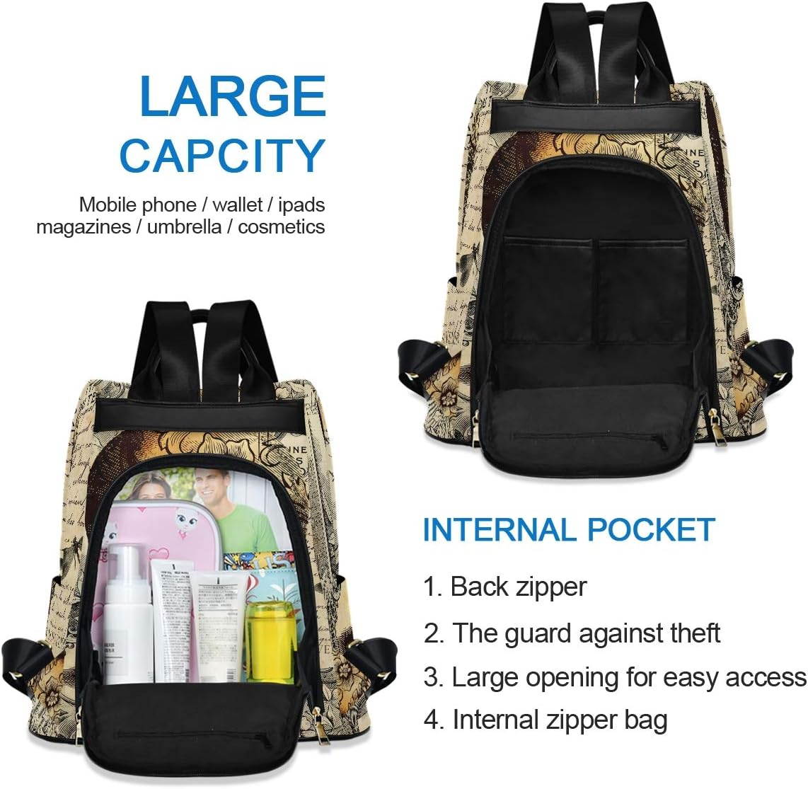 ALAZA Skull Floral Tatto Halloween Backpack Purse for Women Anti Theft Fashion Back Pack Shoulder Bag - Image 5