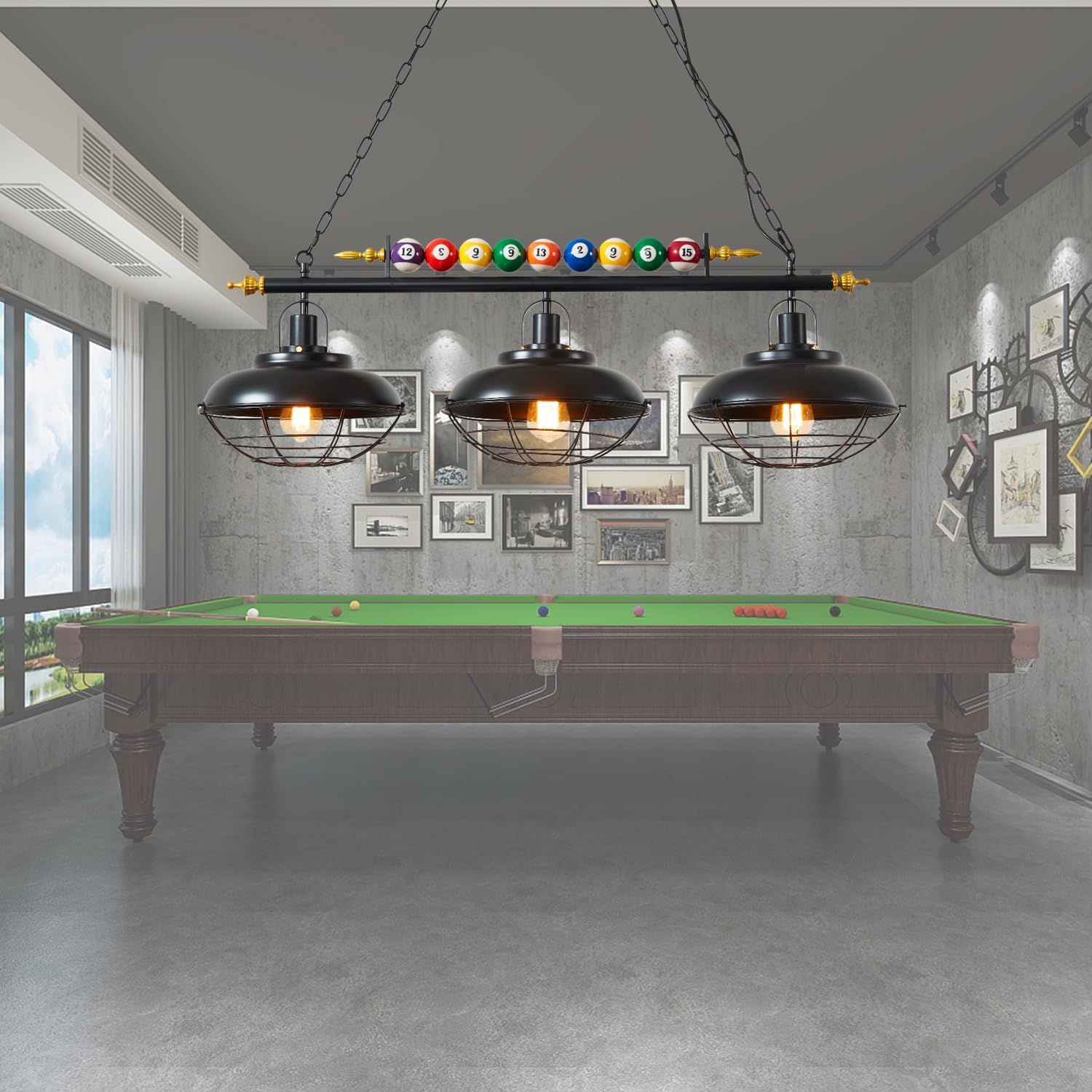 Billiard Pool Table Light Fixtures, Billiard Lights Over Pool Table for Game Room Beer Party,Real Billiard Ball Design Pendant Lamp with 3 Metal Lamp Shades (Has 3 Lights)