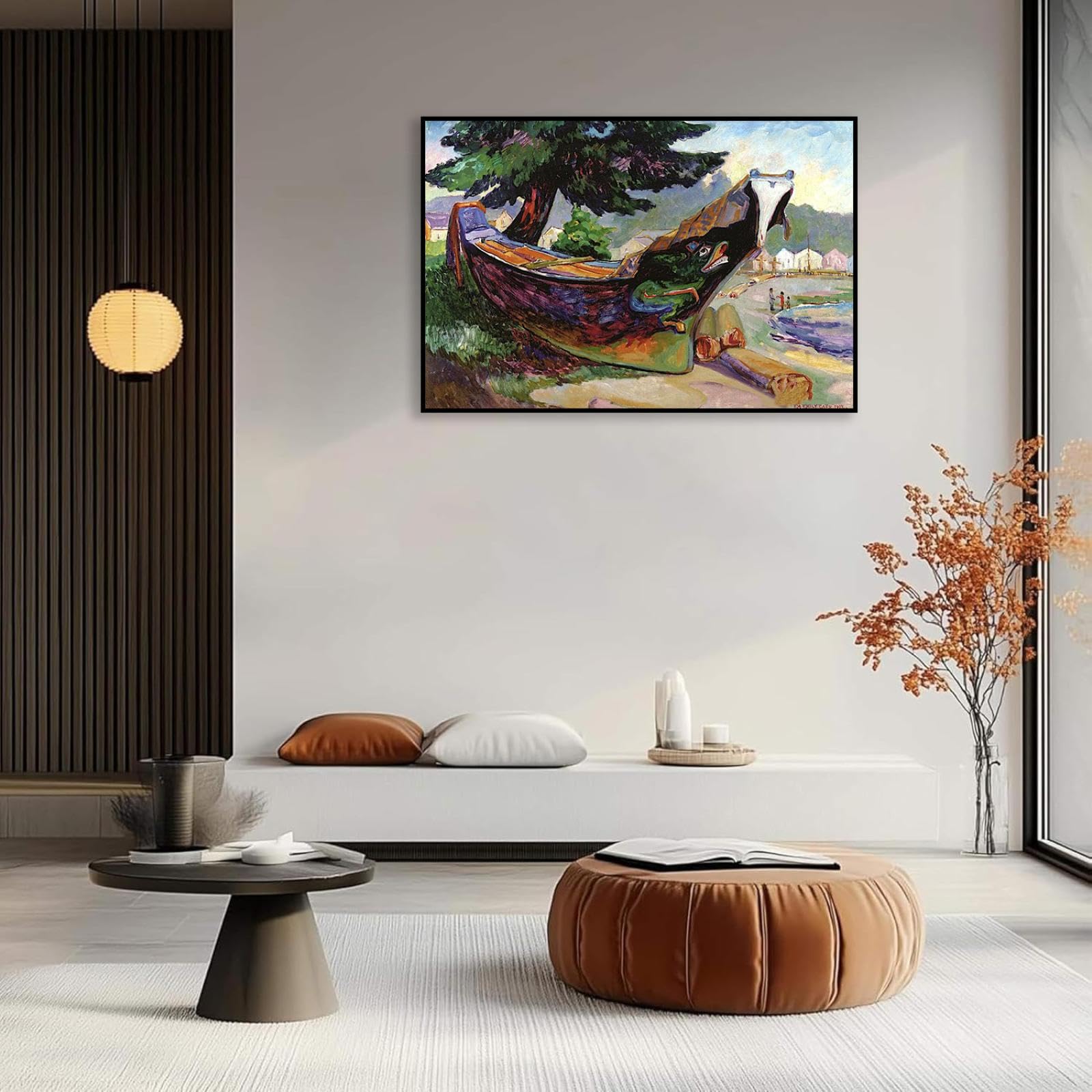 Emily Carr Impresión en Lienzo Bay de alerta de la canoa de guerra india poster cuadros famosos Reproducción en Lienzo abstracto paisaje Cuadros Decoracion Salon Modernos70x50cm(28x20in)Marco negro