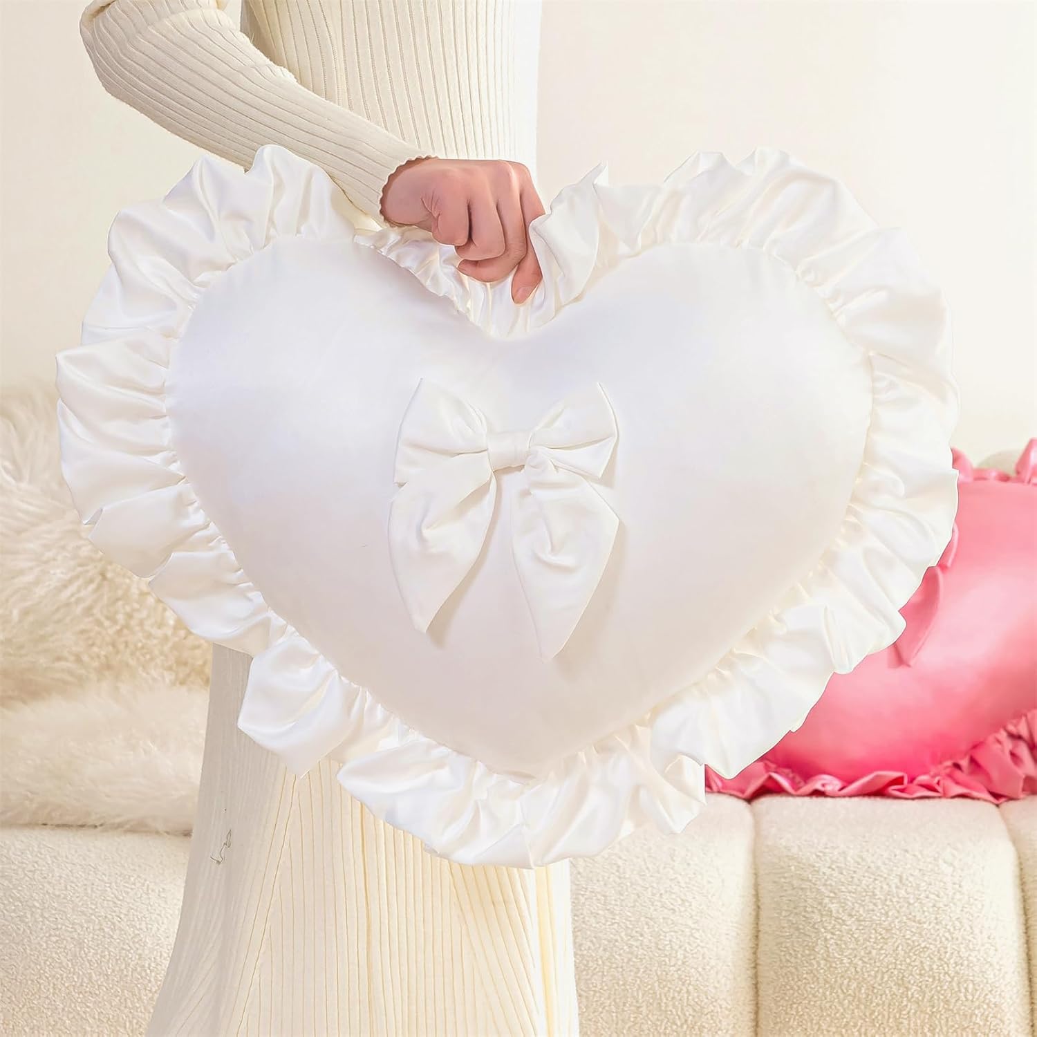 MOJUN Heart Pillows, White Bow Ruffle Love Heart Shaped Throw Pillows Decorative Pillow Cushion for Sofa Bed Living Room Home Decor Wedding Gifts Pillows, 19.6"×15.7"