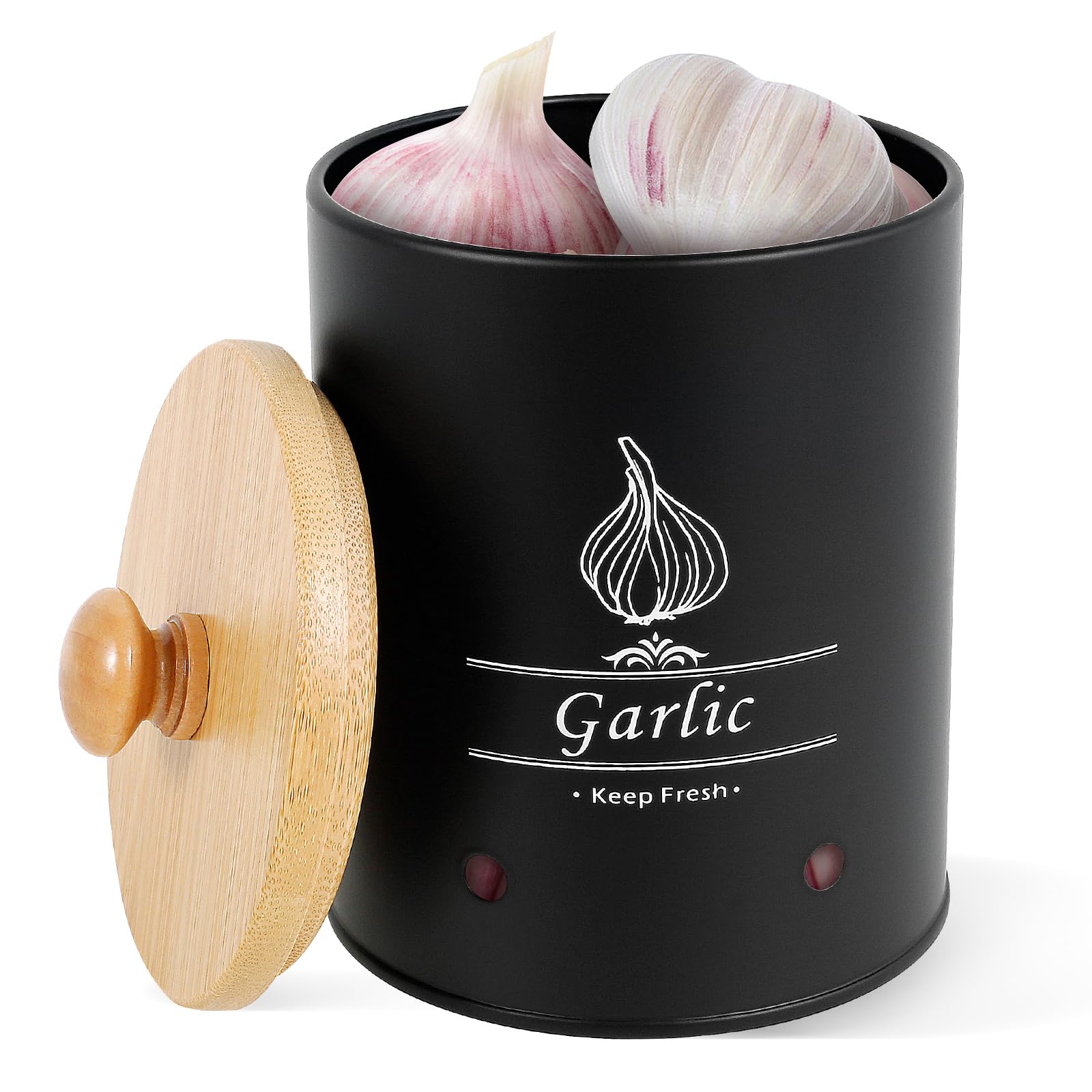 Garlic Keeper with Bamboo Lid, Metal Garlic Storage Tin for Counter, Garlic Storage Container, Large Garlic Keeper, Garlic Container Garlic Saver Jar Vegetable Canister for Kitchen Pantry (Black)