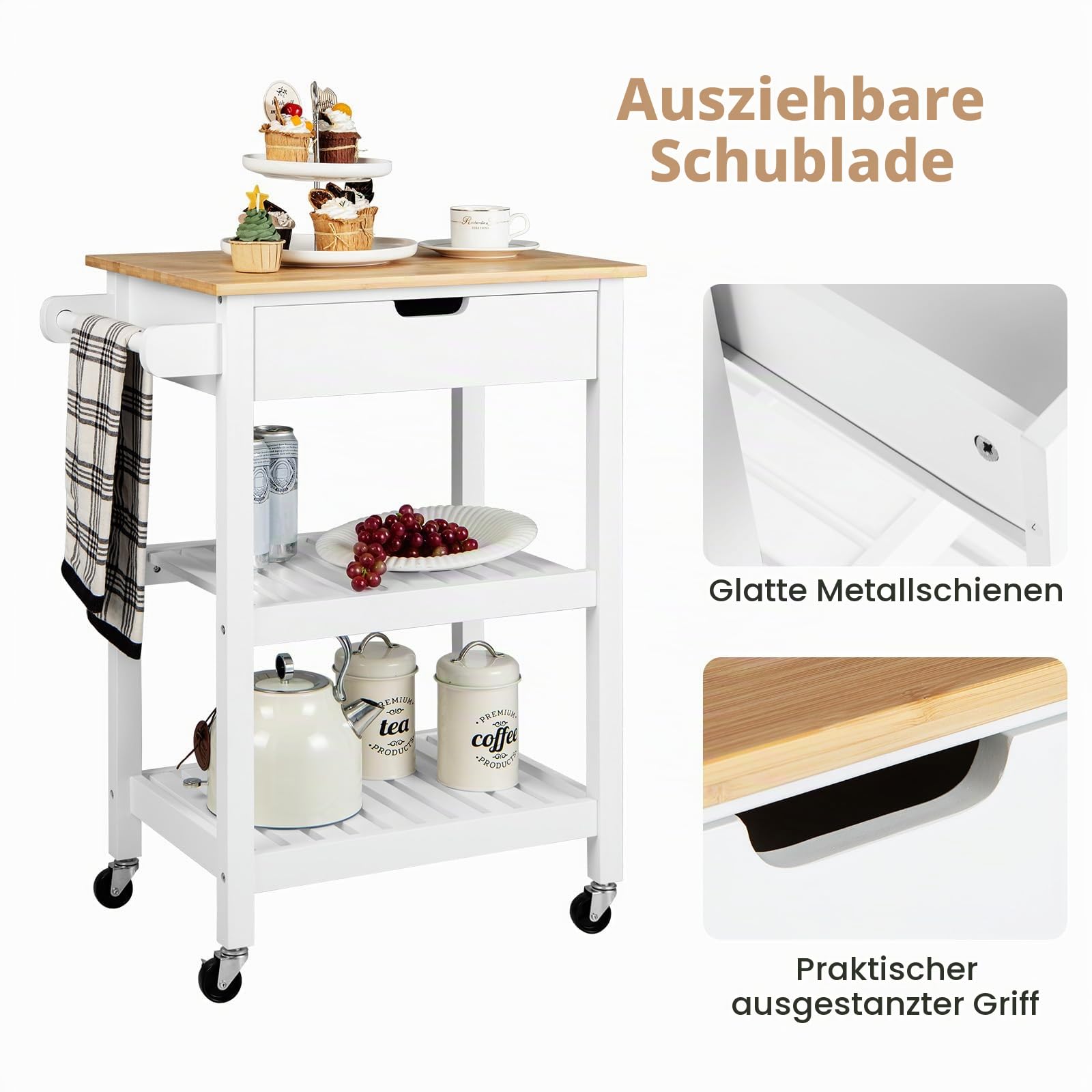 KOMFOTTEU Küchenwagen aus Bambus & Holz (Weiß)