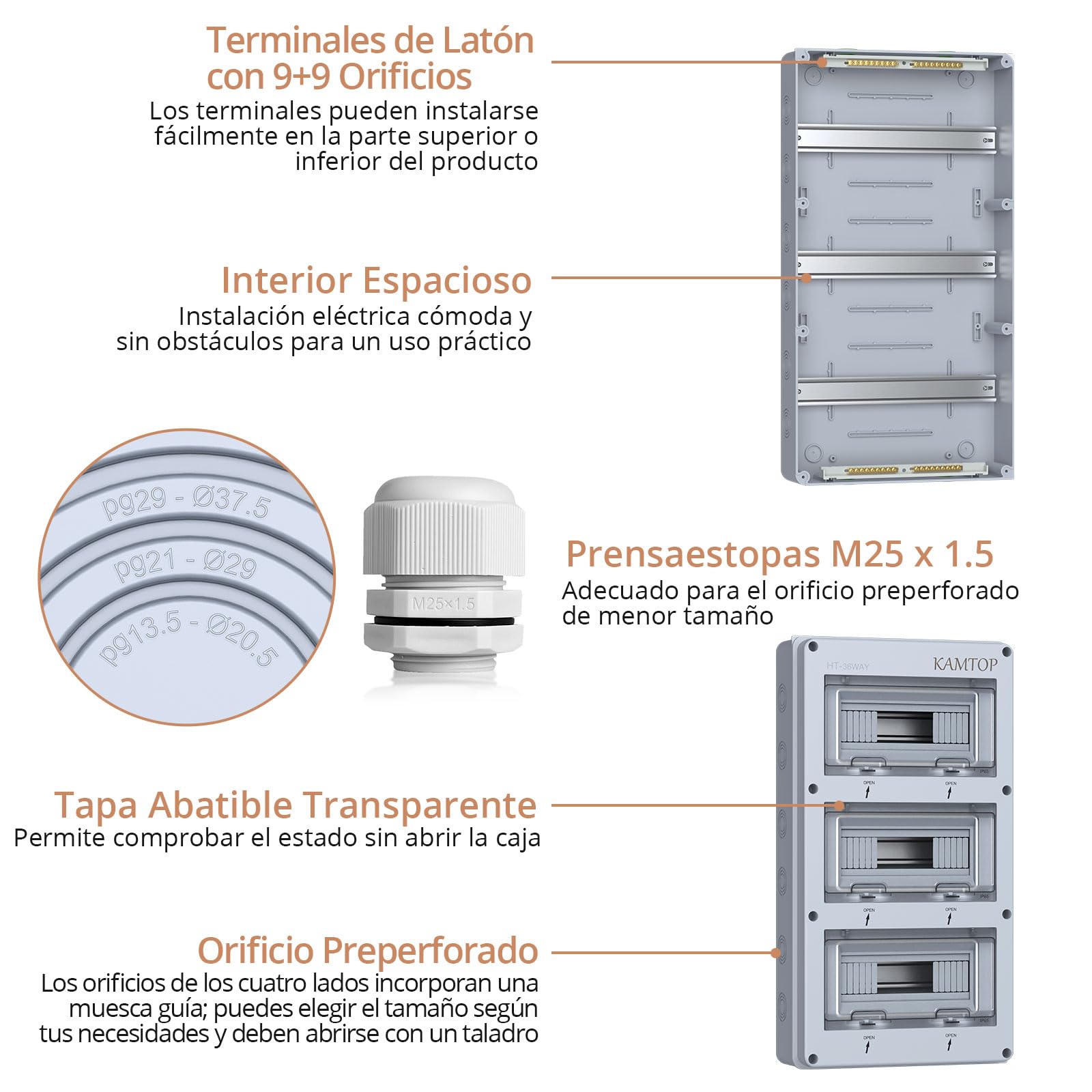KAMTOP Caja de Distribución 36 Módulos IP65 para Superficie Cuadro Eléctrico Exterior con Tapa Transparente Caja Estanca Impermeable con Carril DIN para Interruptores Automáticos Tomas y Conexiones | Caja para magnetotérmicos con carril DIN Caja de fusibl