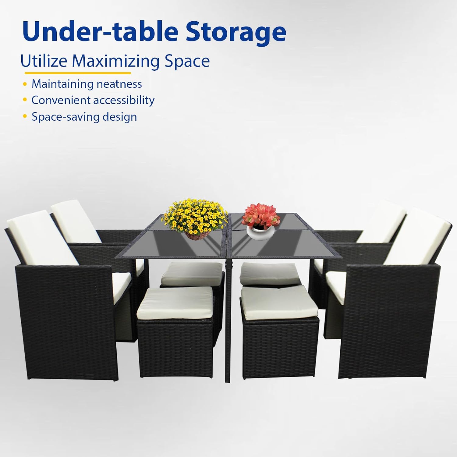 GadgetHaven Garden Furniture,rattan garden furniture with Waterproof Cushions, Tempered Glass Table & Storage Cover - Space Saving Design for Poolside/Garden 6141-B (Black with... - Image 5