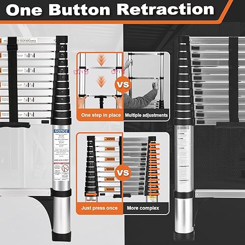 Miniatura 10 de Soctone - Escalera telescópica, escalera de extensión ligera de aluminio de 12.5 pies con 2 estabilizadores triangulares y capacidad máxima de alta