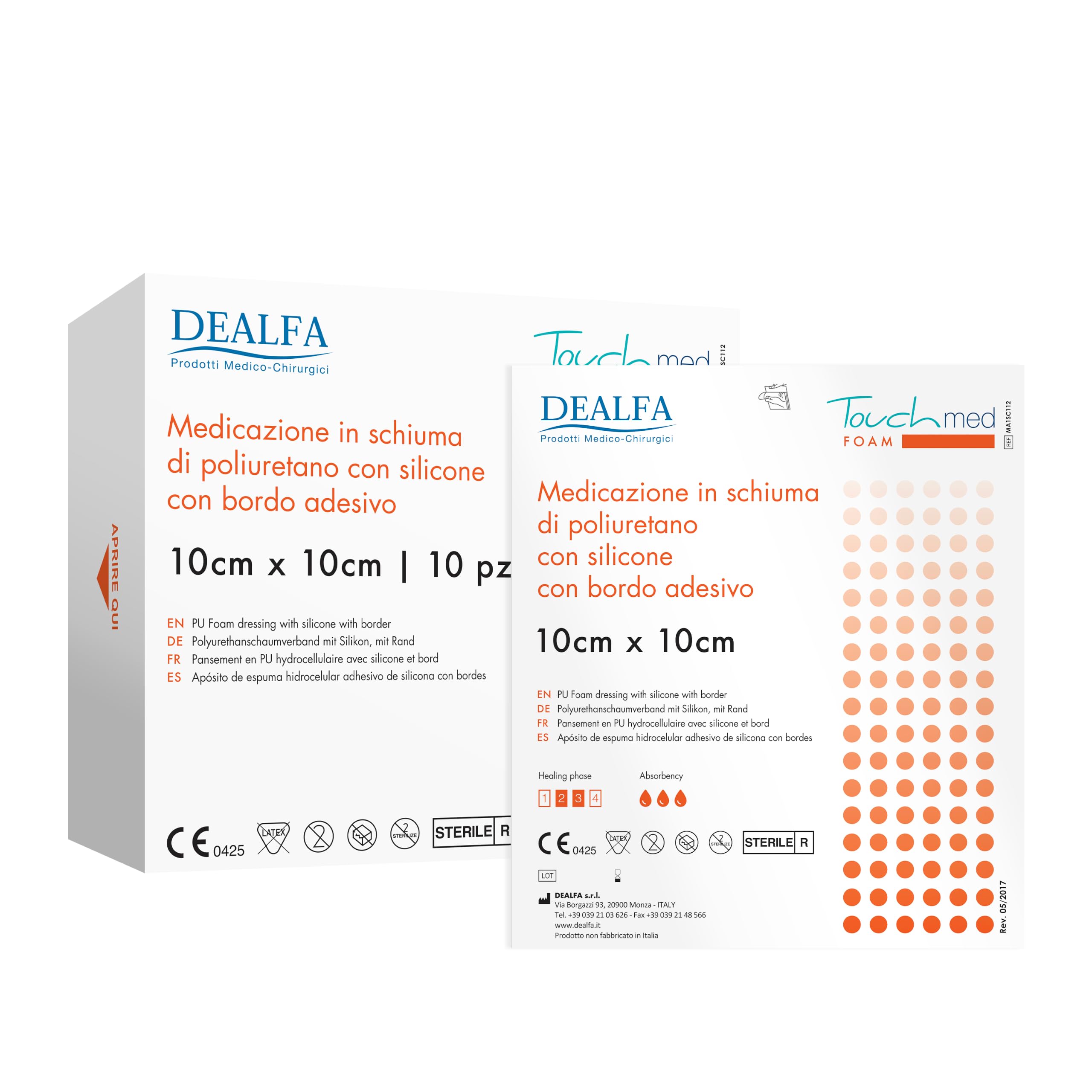 TOUCHMED Medicazione Sterile in Schiuma di Poliuretano con Silicone - 10x10 cm - Con Bordo Adesivo - Monouso - Confezione da 10 Pezzi