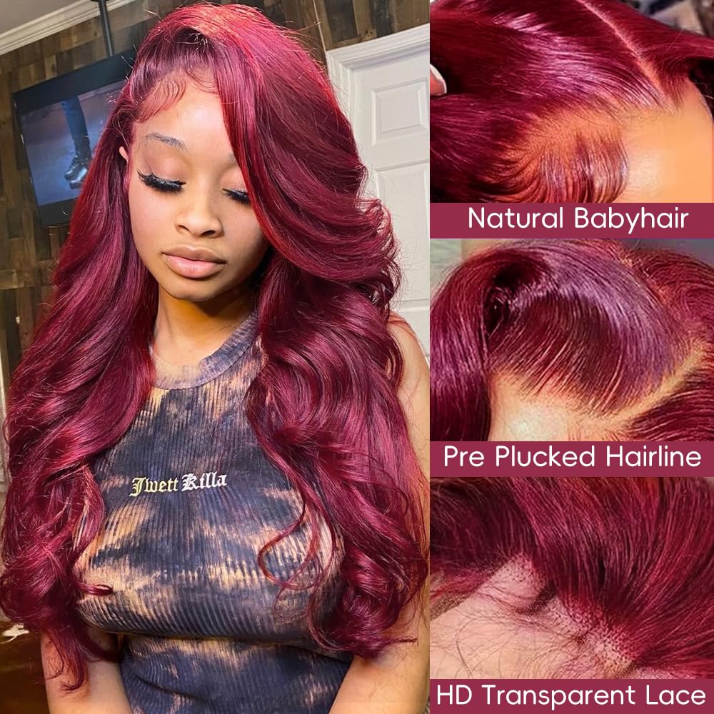 30 Inch 99j Burgundy Lace Front Wigs Human Hair 12A 200 Density HD Burgundy Wig Human Hair Body Wave 99J Human Hair Wig 13x4 Frontal Wig Colored Wine Red Glueless Wigs Pre Plucked