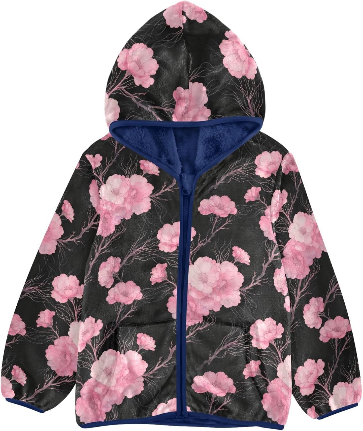 Cherry Blossom Patter Fleece Zip Up Jacket Children Coats for Toddlers Navy Blue Baby Boys Fall Fleece Jacket