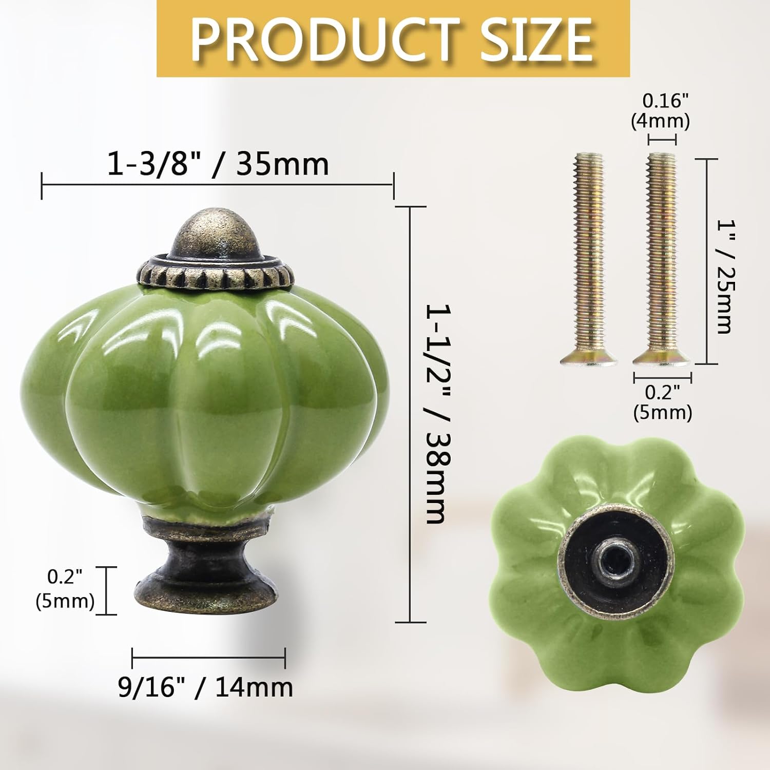 12 Pack Sage Green Pumpkin Knobs Ceramic Cabinet Knobs Retro Dresser Vintage Drawer Pulls for Vanity, Closet