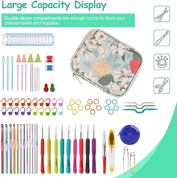 Katech Crochet Hook Case- Empty Hook Holder w/Zippe Pocket-Light Blue