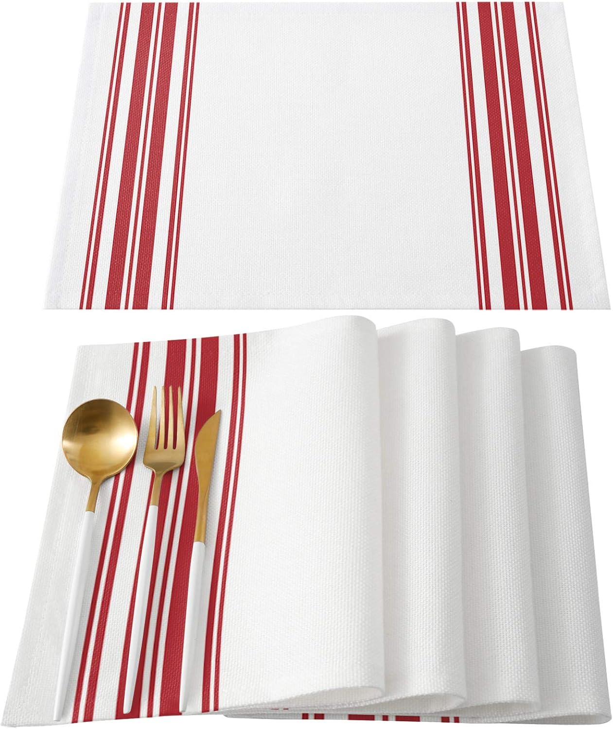 Farmhouse Red White Stripes Indoor Placemat Set of 6 Non-Slip Placemats for Kitchen Dining Table Holiday Patio Parties Geometric 13"x19" Washable Durable Cotton Linen Table Mats