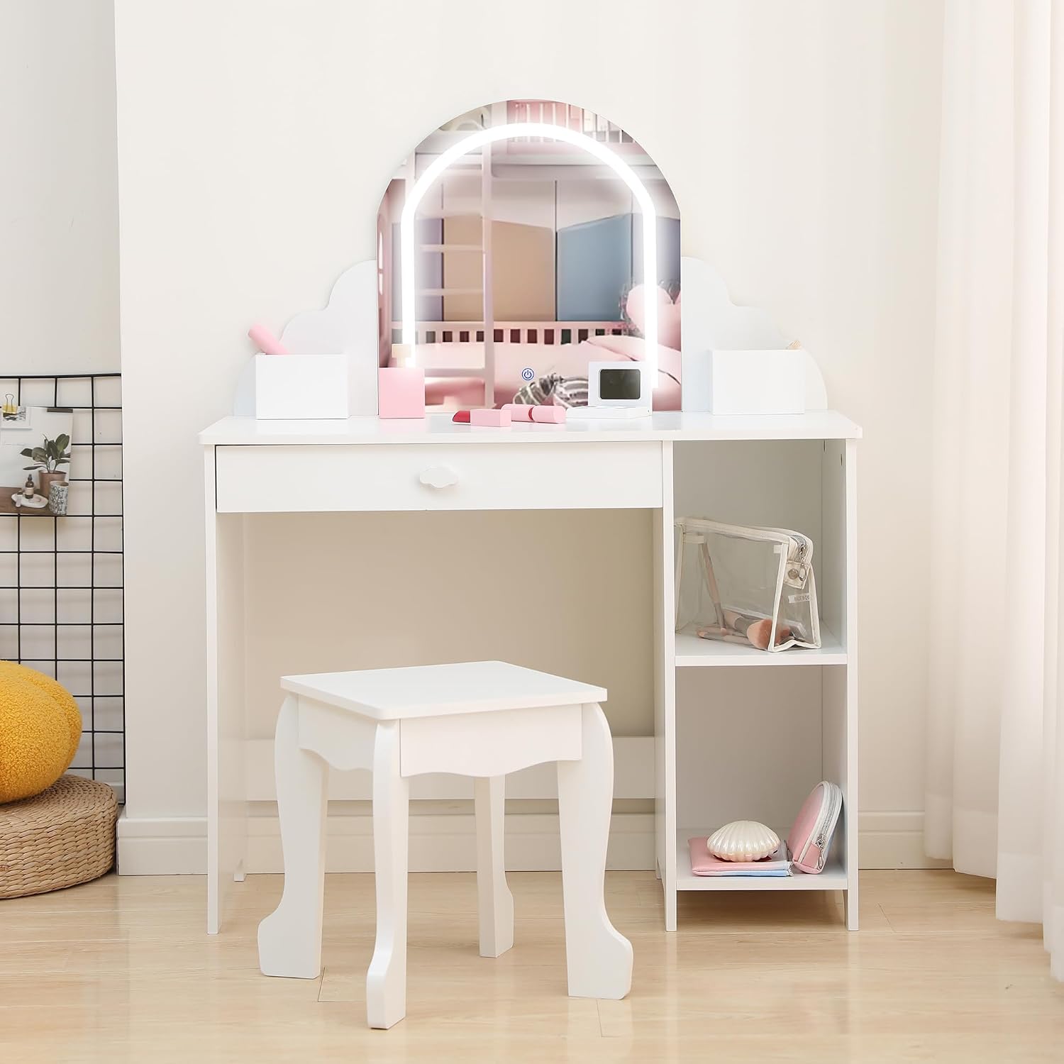 GarveeLife Dressing Table for Children, Girls, with Stool & LED Lights, Desk for Children from 3 Years with Mirror, Dressing Table Princess with 1 Drawer, White with Accessories