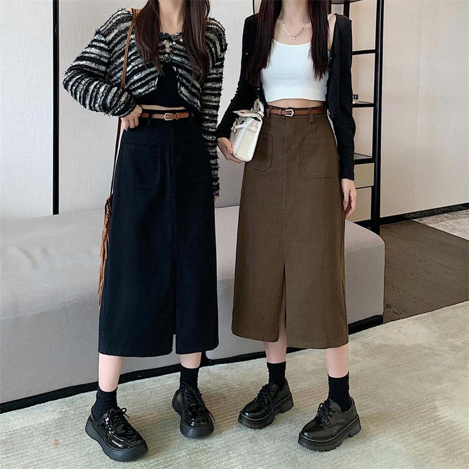 Gonna Lunga Donna Gonna delle Donne A Vita Alta Elastica A-Linie Dimagrante Middle Slit Denim Gonna per Le Donne con Cintura Inclusa-Nero-m