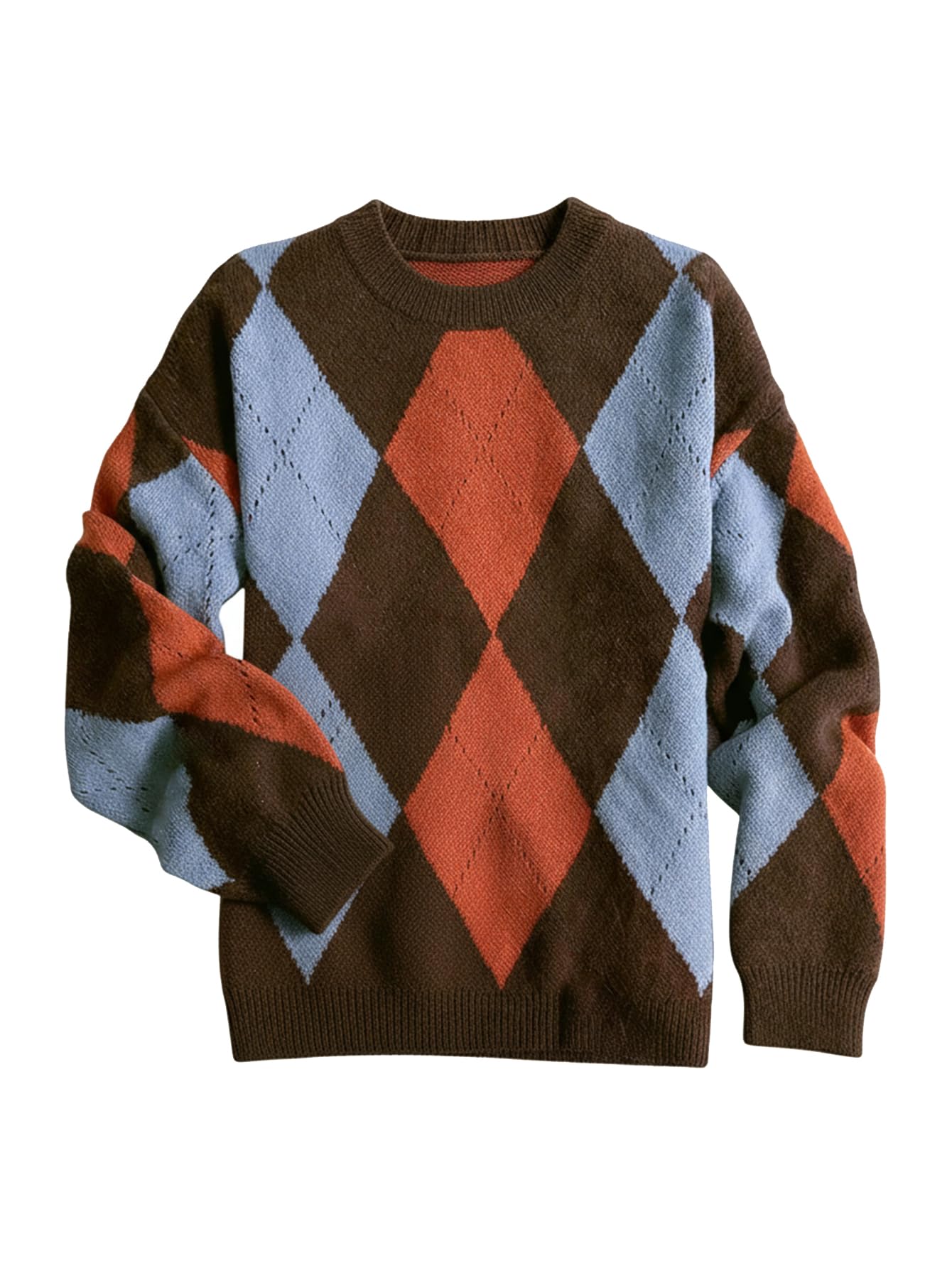 Milumia Womens Crewneck Argyle Sweater Long Sleeve Loose Knitted Casual Pullover Tops