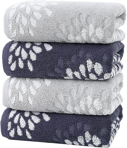 Pidada Juego de 4 toallas de mano con patrón floral de hortensias, 100% algodón, absorbentes, suaves, toallas decorativas para baño (gris claro y