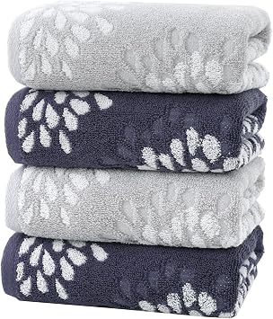 Pidada Hand Towels Set of 4 Hydrangea Floral Pattern 100% Cotton Absorbent Soft Decorative Towel for Bathroom Light Grey & Denim Blue