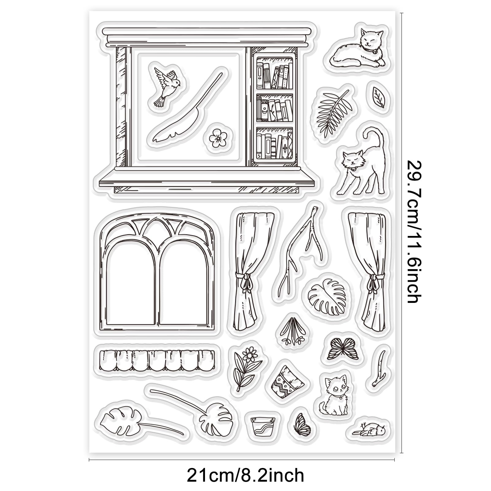 INFUNLY Clear Stamps A4 Vintage Finestra Scrivania Francobolli di Gomma Retro Timbri in Silicone Gatto Fiore Sigilli per Creazione