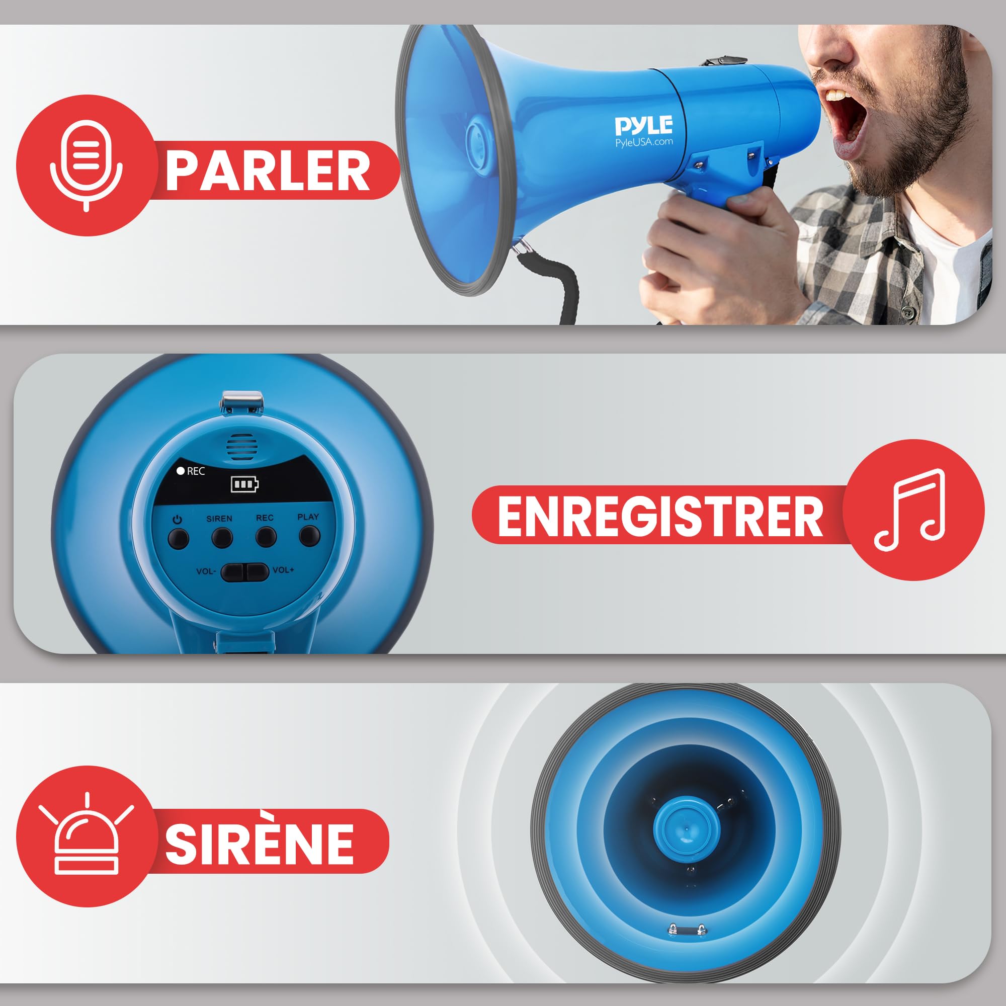 Pyle Mégaphone - Haut-Parleur 40 W avec Sirène et Musique - Mégaphone Porte-Voix Portatif et Léger, Portée 670 m², pour Intérieur et Extérieur – Bleu