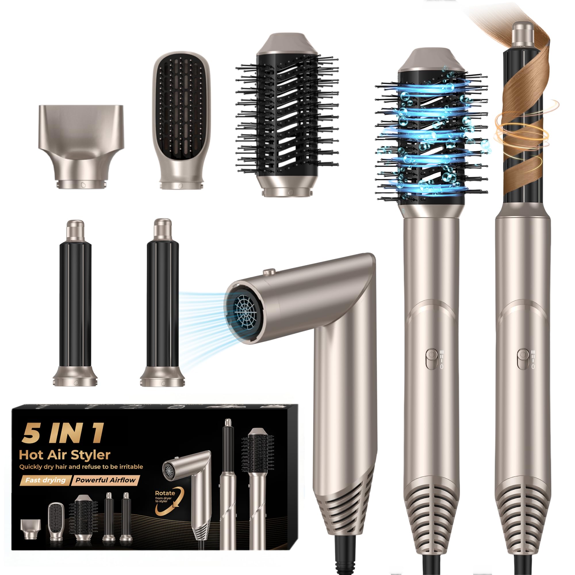 UKLISS 5 in 1 Magic Air Styler Hair Dryer Brush with Air Curlers Volumizier Blow Dryer Brush Multi-use Hair Styler for Hair Curling Straightening Detangling Airbrush Multistyler Women Gifts, Gold