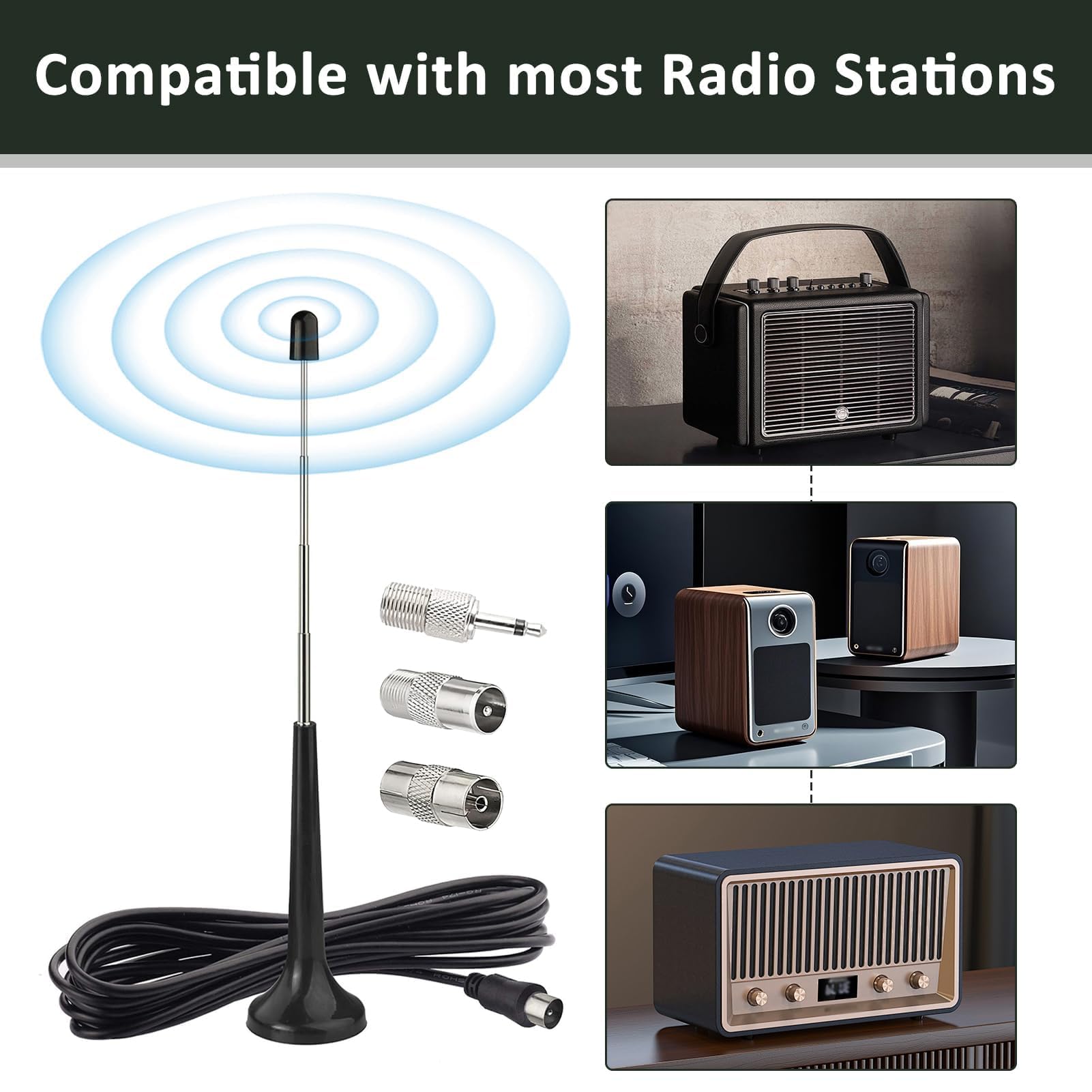 JZK Antenna Radio DAB+ FM Digitale Telescopica Da Interno – 75 Ohm, Base Magnetica, Cavo 3m, Adattatori Inclusi – Per Stereo, Home Cinema, Sintonizzatore - 5