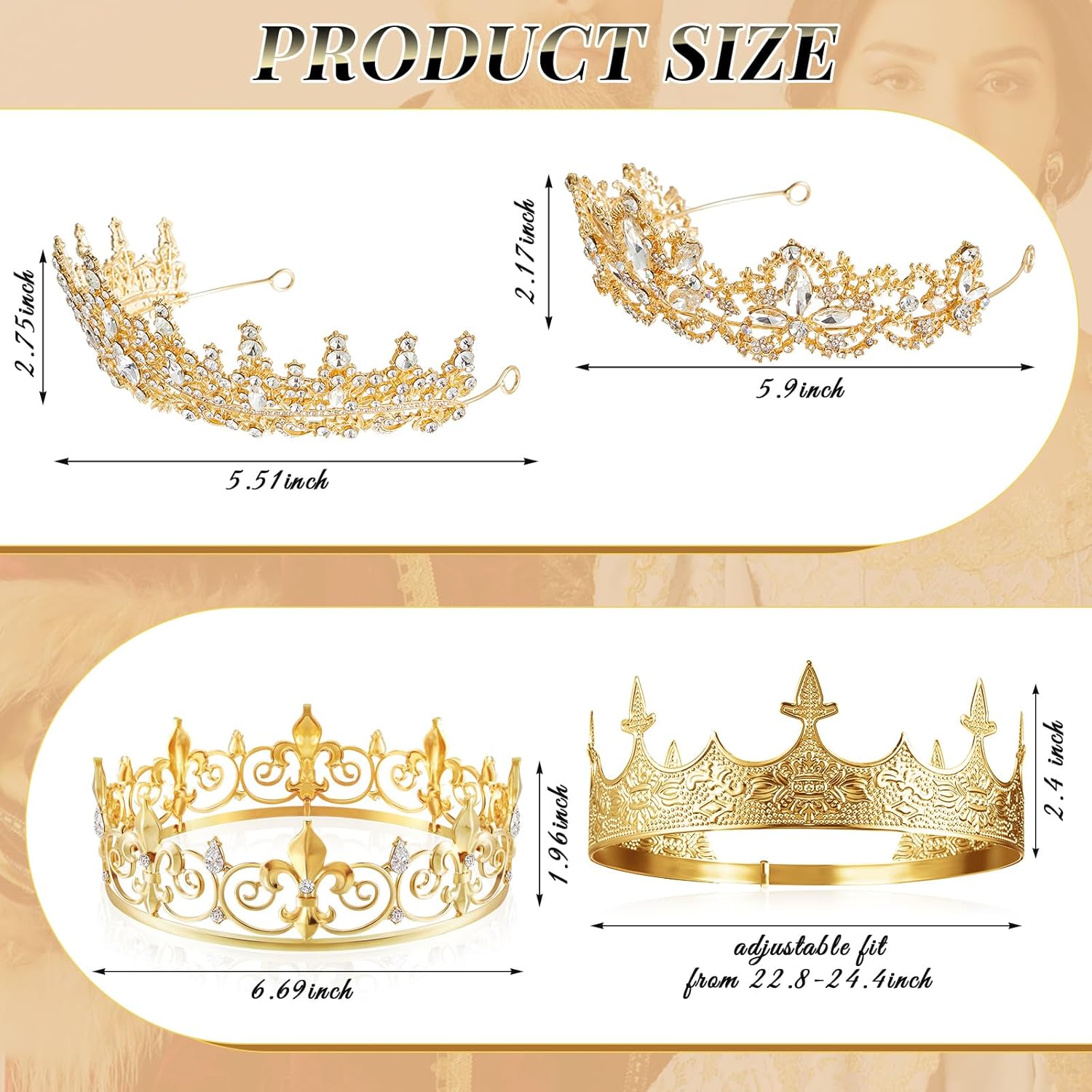 Juexica 6 Pieces Prom King Crown Metal Baroque King and Queen Prince Princess Crystal Headband Tiara Crown Wedding Bridal Accessories for Women Men