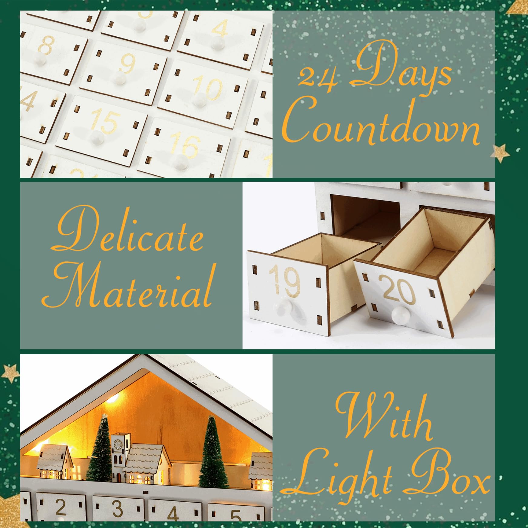 Llena tu propio calendario de adviento, calendario de adviento de madera con 24 cajones y luces LED reutilizables vacías para llenarte para decoraciones navideñas sin batería, adornos de Navidad