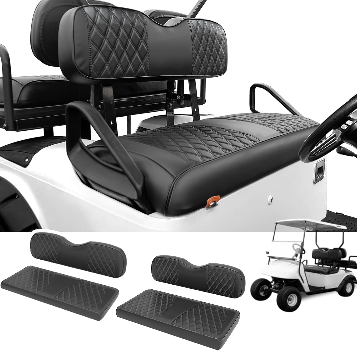 SugarFox Golf Cart Seat Covers 4PCS Front & Rear Seat Covers Kit Fits EZGO TXT 1994-2013/EZGO RXV Standard Seat Cushion, No Staples PU Leather Seat Cover Accessories - All Black