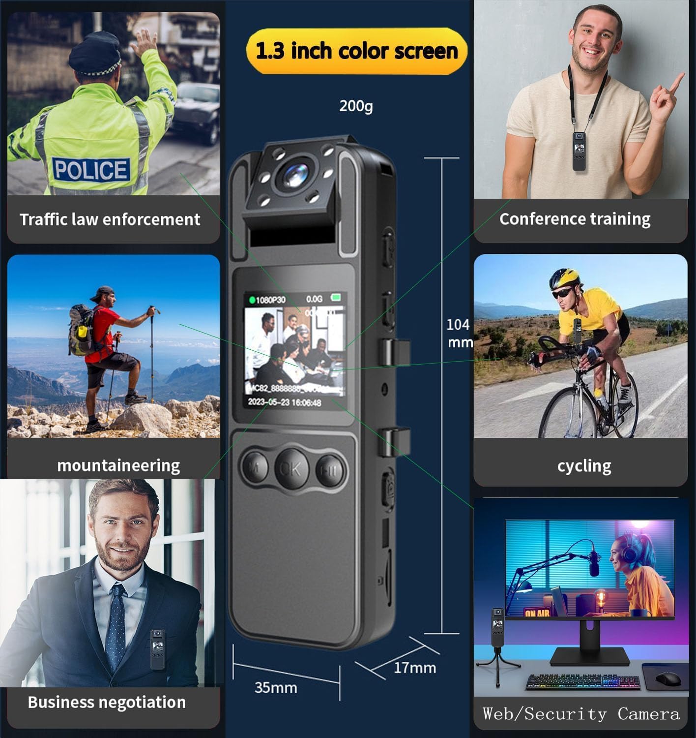 Cámara corporal de policía HD de 1080P, 32 GB, grabación de video, audio, imagen LCD de 1.3 pulgadas, visión nocturna infrarroja, batería de 1600 mAh, impermeable, ligera, para registro de