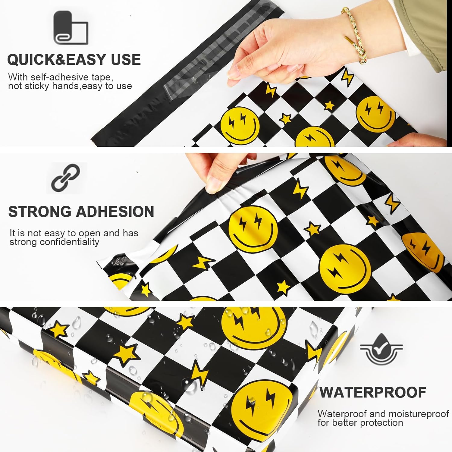 Whaline 100Pcs Smiles Checkerboard Poly Mailer 10 x 13 Inch Tear-Resistant Mailing Bags with Self-Seal White Black Yellow Deliver Envelopes Plastic Packaging Bags for Small Business Packing Moving