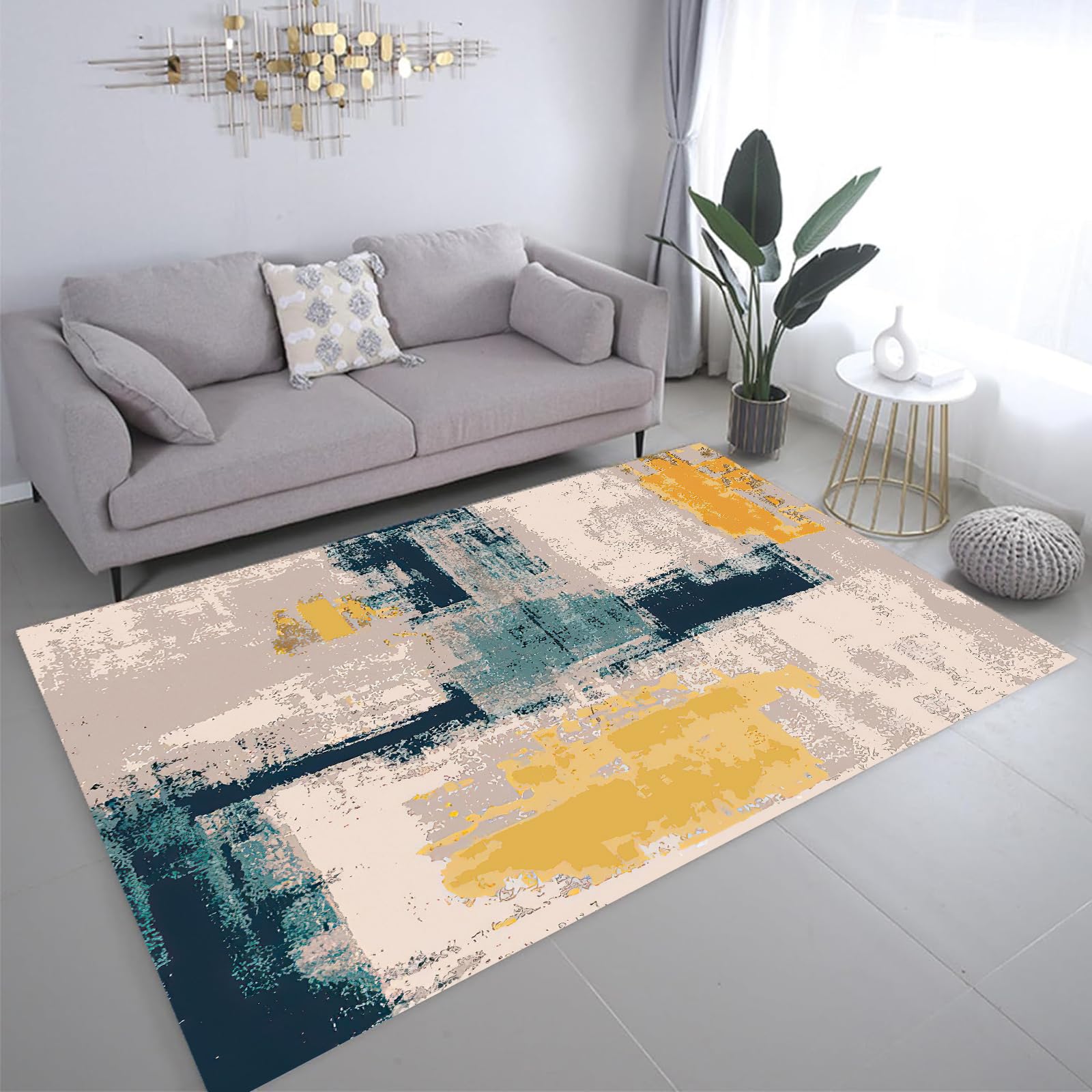 Tapis salle de séjour bleu jaune moderne déco salon chambre d'enfant