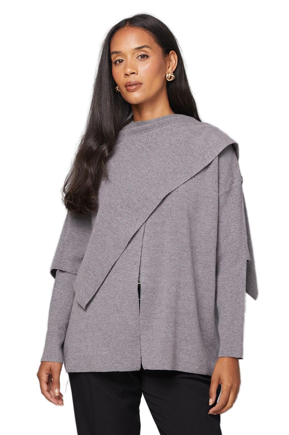 Wallis Women's Grey Scarf Detail Knitted Cape | Size: Medium