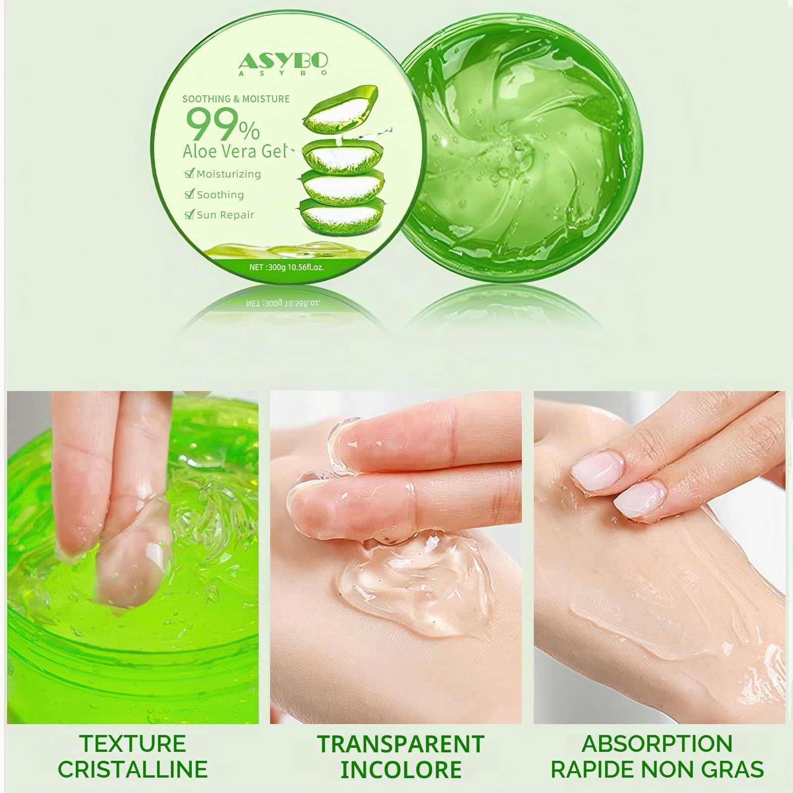 300 ml de gel d'aloe vera – 99% pur bio Aloe Vera Crème hydratante pour le visage et le corps, crème naturelle à l'aloe vera pour peau sèche, coups de soleil, acné