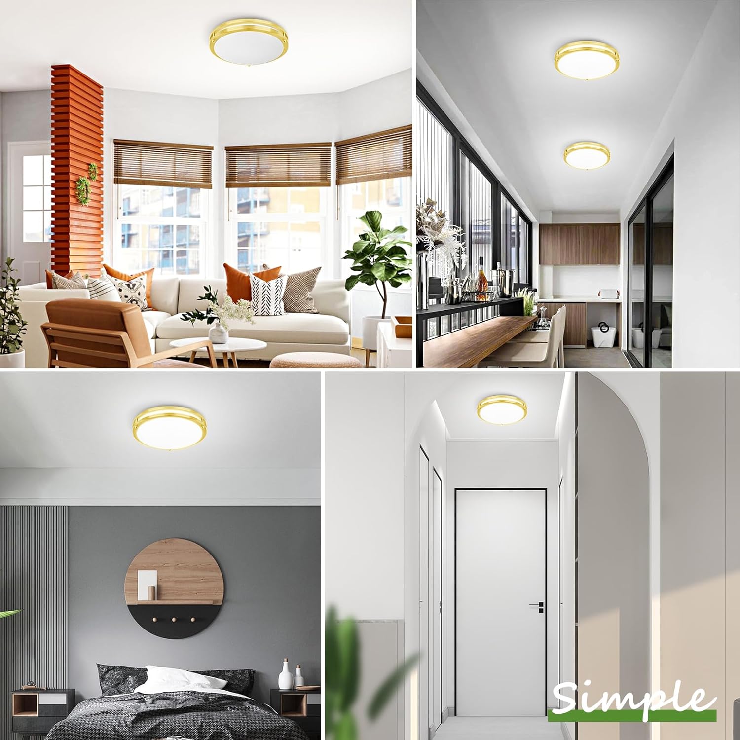 GoBright 36W LED Ceiling Lights for Bedroom Kitchen, 12 Inch 3600lm Super Bright Dimmable Gold Flush Mount Light Fixtures, 2700K/3000K/4000K/5000K/6500K Adjustable Modern Lamps for Hallway