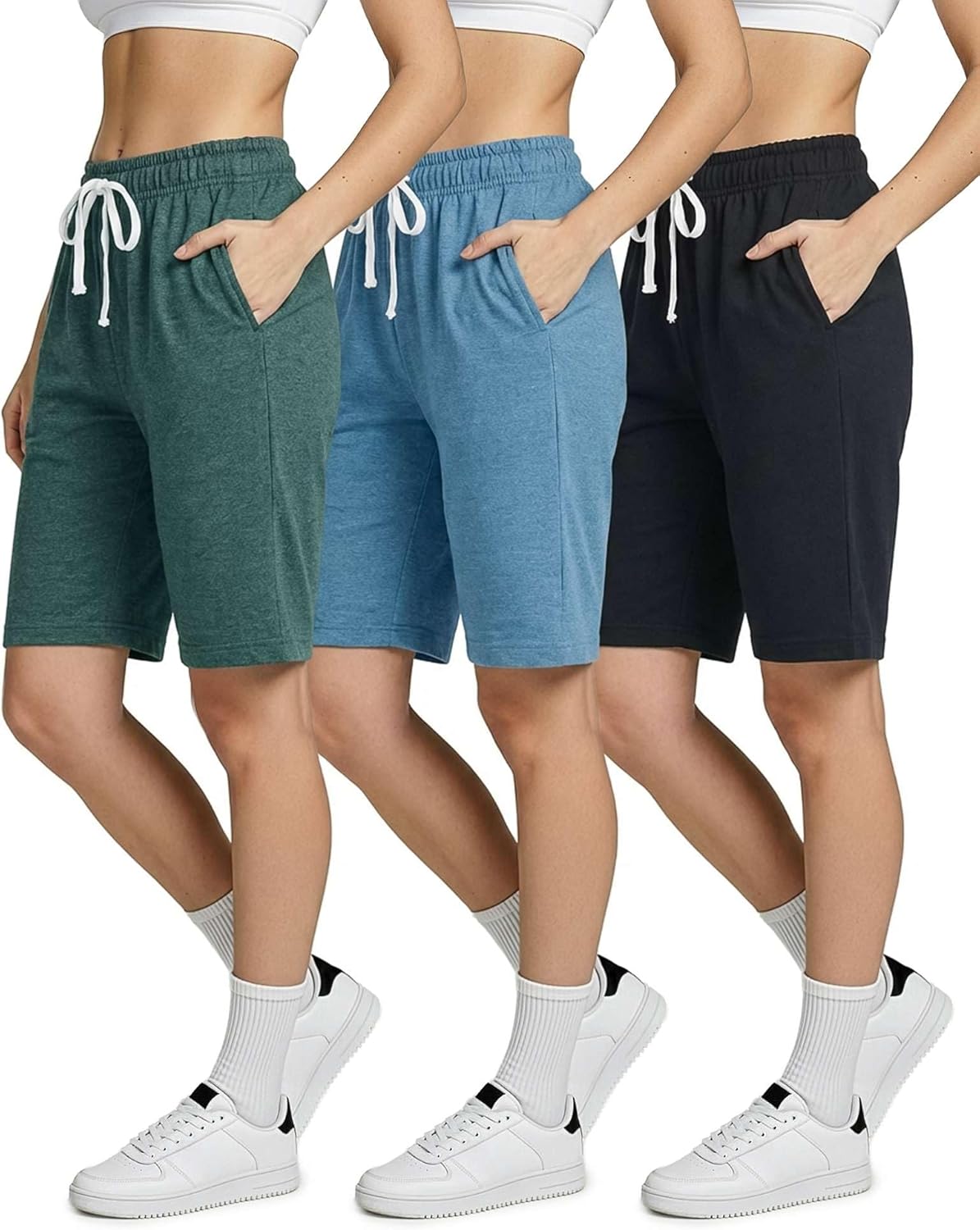 Real Essentials 3 Pack: Womens Cotton Terry Jersey 9" Bermuda Shorts Pockets-Casual Lounge Yoga (Available in Plus Size)