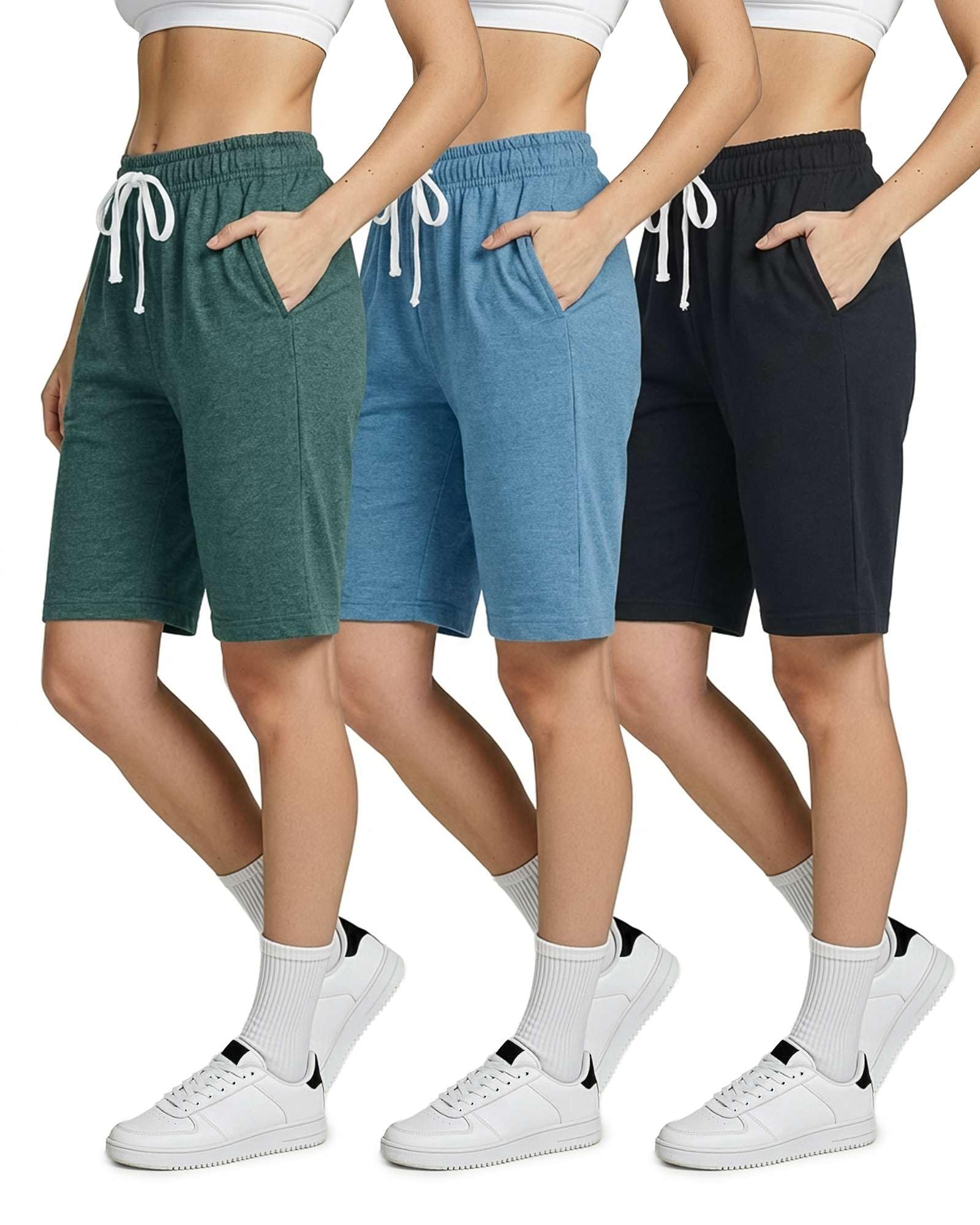 Real Essentials 3er-Pack: Damen-Bermuda-Shorts aus Baumwoll-Frottee-Jersey, 22,9 cm, Taschen, lässig, Lounge/Yoga (erhältlich in Übergröße)