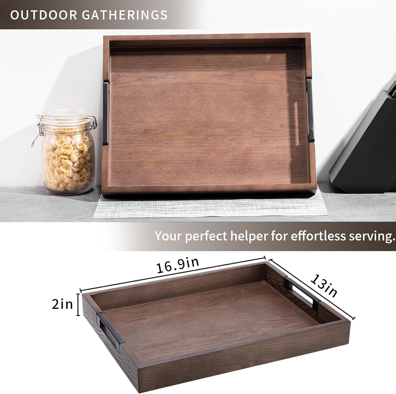 Large Rectangular Ottoman Tray for Living Room,Solid Wood Brown Coffee Table Trays 17x13 Inch Decorative Storage Acacia Wood Serving Tray with Handles for Breakfast in Bed, Dinner Food Kitchen-Natural - Image 5