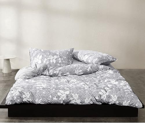 Calvin Klein Inicio Impreso Queen Juego de Edredón de 3 Piezas Algodón Modal 170 GSM (Gris)
