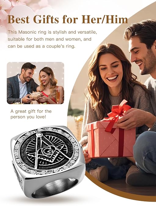 Masonic Signet Rings for Men, 316L Stainless Steel/18K Real Gold/Black Metal Freemason Jewelry, Punk Biker Mason Ring, Size 7-12