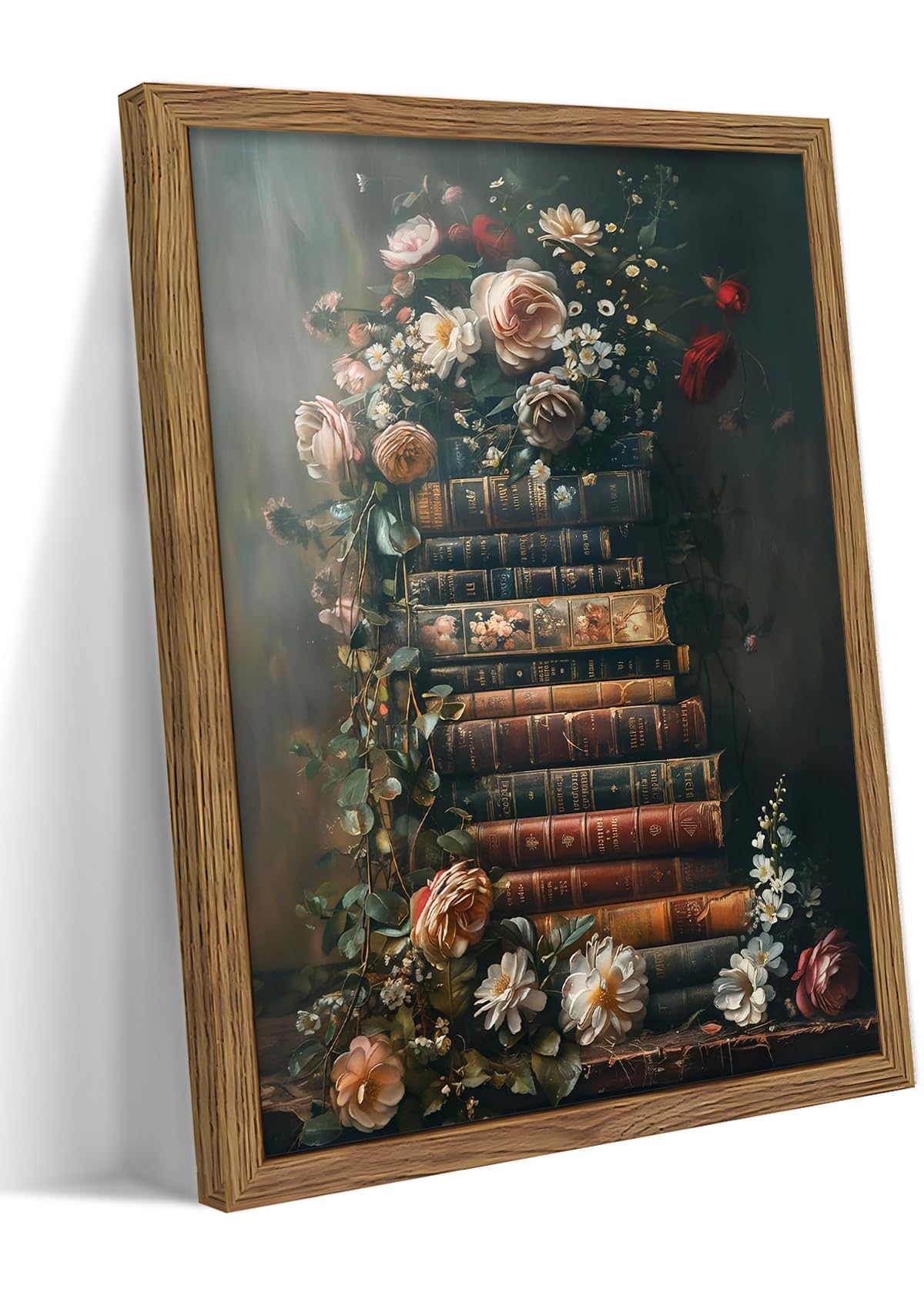 Vintage Framed Wall Art Flowers Books Canvas Prints, Academia Wildflowers Oil Painting, Botanical Book Pictures Artwork for Living Room Bedroom Study – Dark Wooden Frame 40x60 cm