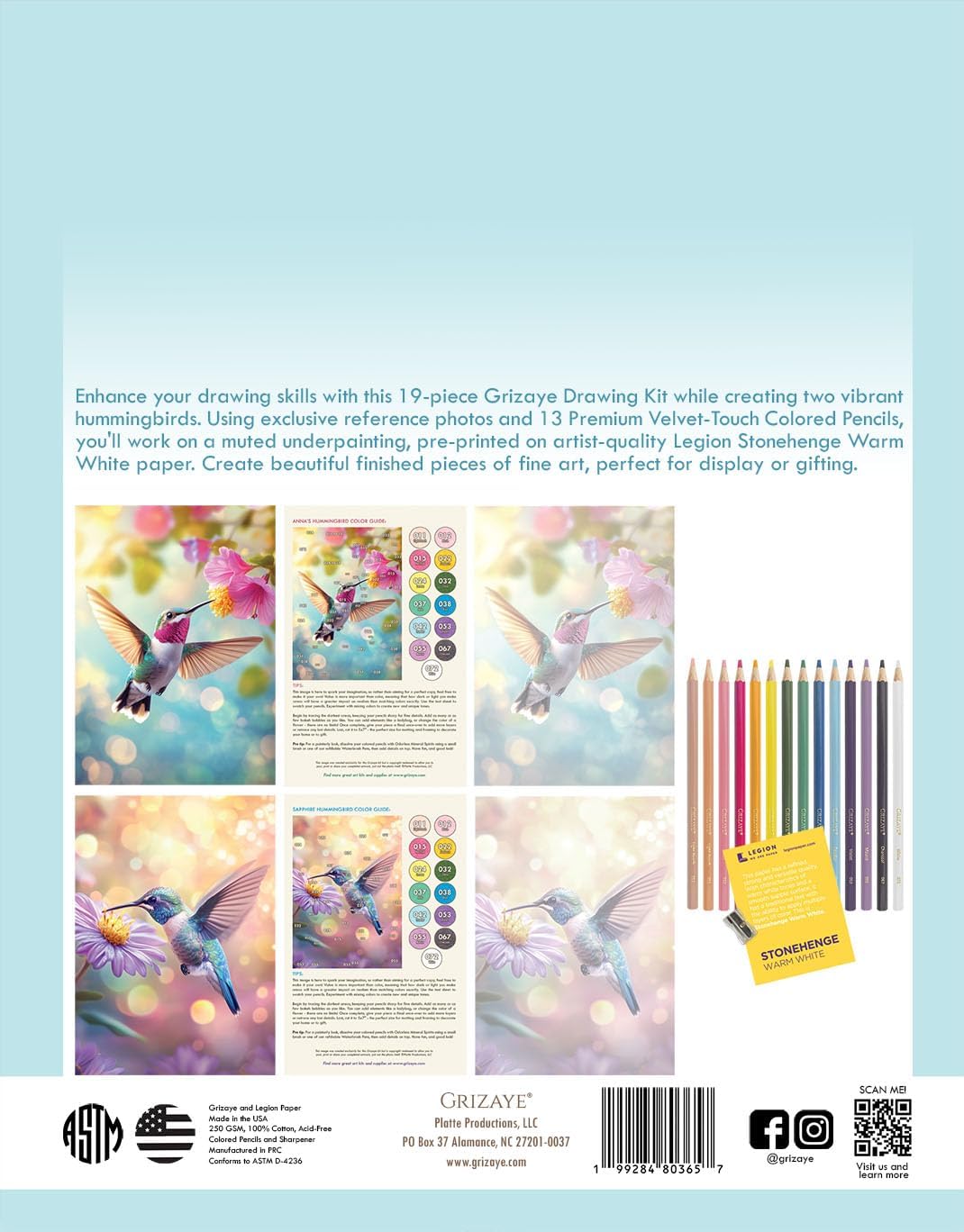 Grizaye Hummingbird Complete Drawing Kit Workshop for Adults | Realistic Bird Art Project, Create Finished Fine Art with 13 Colored Pencils, Step-by-Step Tutorial, Color Guide, and Reference Photos