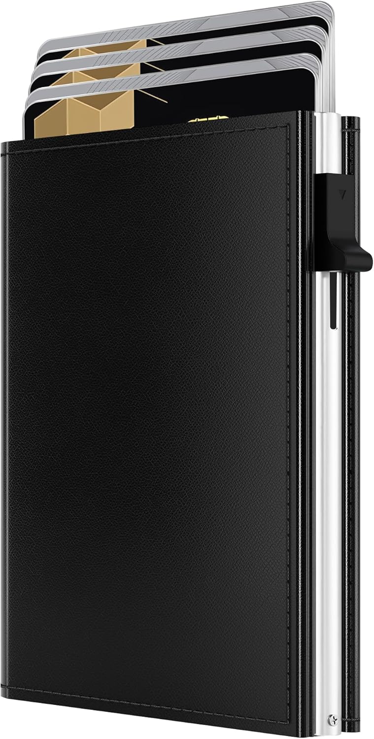 Mens Wallet Card Holder - RFID Blocking Wallet for Men, Pop Up Aluminum Case, Trifold, Leather, Smart, Slim, Minimalist, Front Pocket - 9-11 Card Capacity | ID Window | Cash Slot