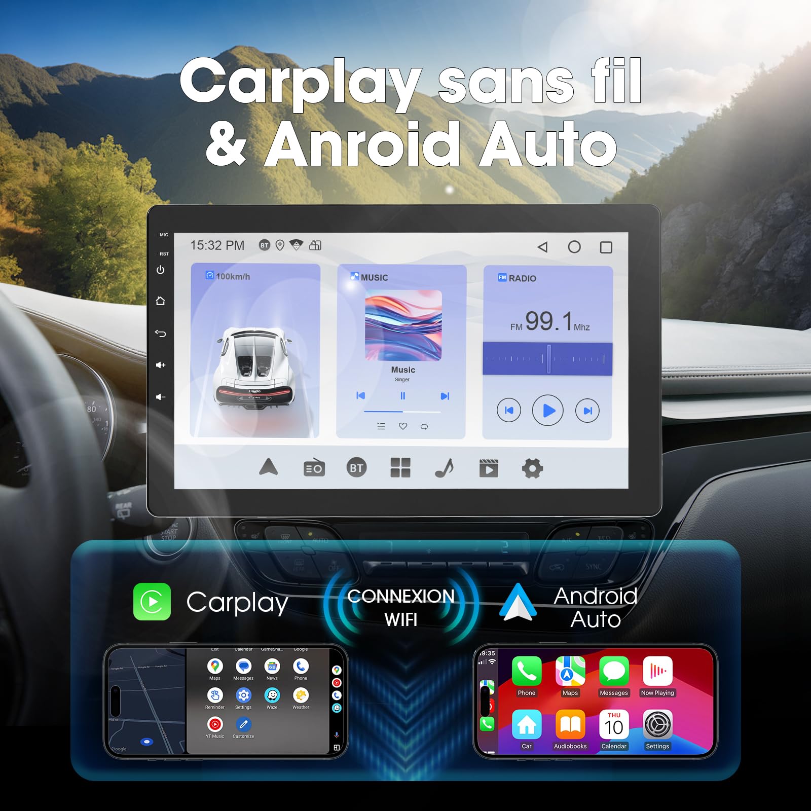 Haudio 360° Autoradio Rotatif, Auto Stereo 1 Din, Écran Tactile IPS 10.1 Pouces avec Carplay sans Fil et Android Auto, Car Play avec Caméra de Recul|Radio FM|Lien Miroir|Navigation GPS|Commande Vocale