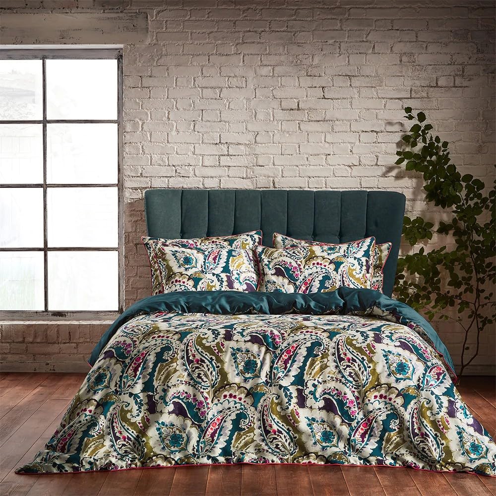 Edinburgh Weavers Teal Ew By Aretha Pillowcase Pair – Paisley Design Cotton Sateen, 200 Thread Count (Teal/Olive – 50 X 75Cm)
