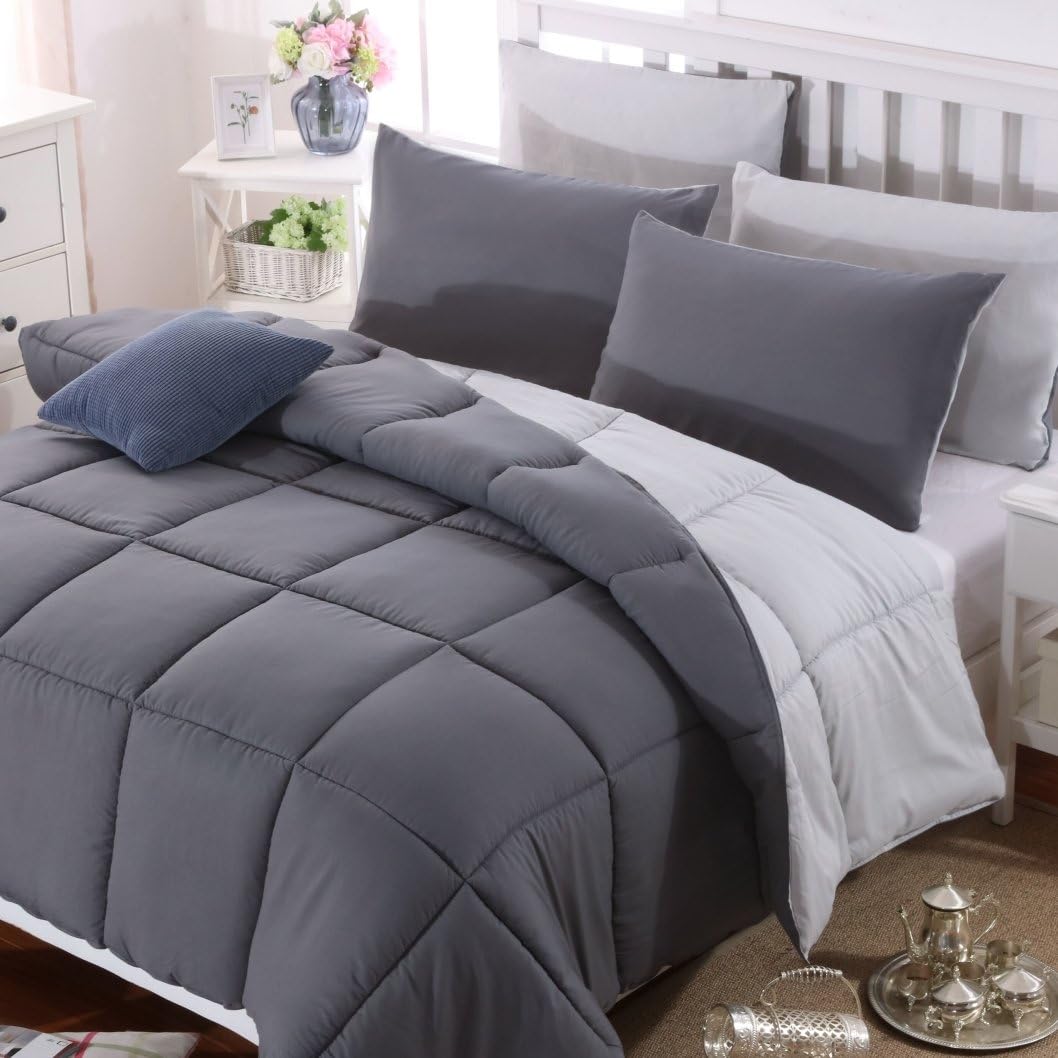 Mohap Comforter Twin Gray Ultra Warm Fluffy Down Duvet Lightweight Premium Brushed Microfiber 250GSM Soft and Comfortable Bicolor