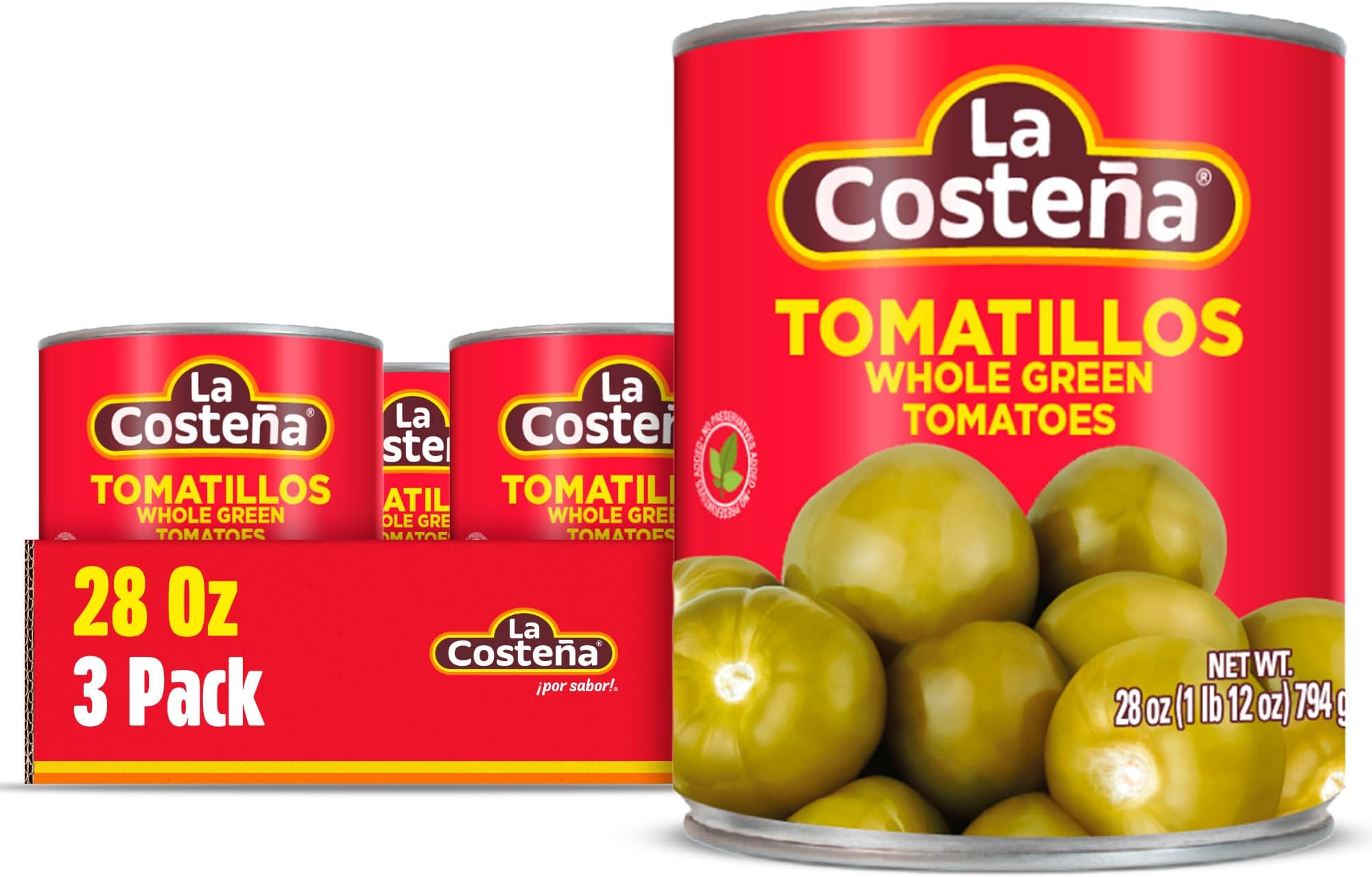 La Costeña Canned Tomatillos for Mexican Food, Tomatillo Salsa, Salsa Verde, Green Enchilada Sauce, Taco Sauce, Pico de Gallo & Tomato Soup - Pickled Green Tomatoes - 28oz, 3 Pack Canned Vegetables