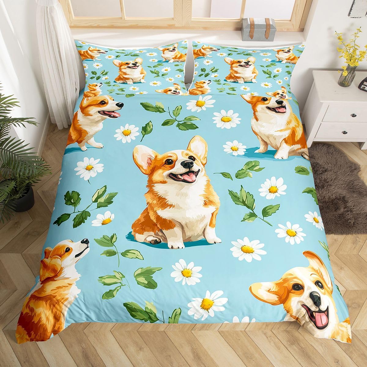 Erosebridal Corgi Duvet Cover Twin Size Daisy Bedding Set for Kids Boys Girls Oil Painting Cute Pet Dogs Pattern Comforter Cover Leaves Flower Kawaii Animals Bedclothes